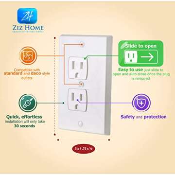 Ziz Home Self-Closing Childproof Outlet Covers | 4 Pack | White | Universal Electric Outlet Cover - Baby Proof Kit - Child Safety Wall Socket Plug - Durable ABS Plastic - Protection | Proofing