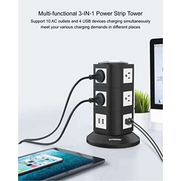 Power Strip Tower SAFEMORE, Surge Protector Electric Charging Station 10 Outlets 4 USB Ports with 6.5ft Heavy Duty Long Extension Cord, 4 Side One-Way Push Button for Home Office-Black+White