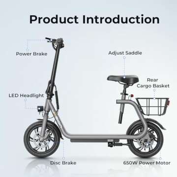 Jasion Electric Scooter Adults, 650W Peak Motor Electric Scooter with Seat Up to 20MPH, 20 Miles Ranges Foldable E-Scooter for Adults, Sports Scooters for Commuting with Basket(JS3)