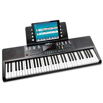 RockJam Compact 61 Key Keyboard with Sheet Music Stand, Power Supply, Piano Note Stickers & Simply Piano Lessons