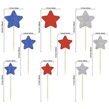 Gyufise 36Pcs Glitter Star Independence Day Cupcake Toppers Blue Red and Silver 4th of July Cupcake Picks American National Day Theme Birthday Party Cake Decorations Supplies