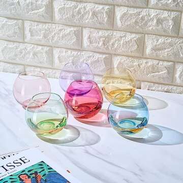 Colored Wine Glass Set, Large 12oz Bubble Glasses Set of 6, Unique Italian Style Tall for White & Red Wine, Water, Margarita Glasses, Color Tumbler, Gifts, Viral Beautiful Glassware (Stemless Wide)