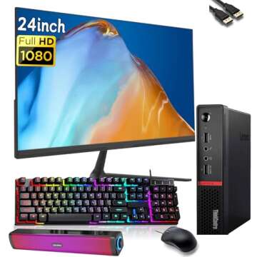 Lenovo ThinkCentre M715q Tiny PC Desktop Computer, with 24"(1920x1080) Monitor, RGB Speakers, AMD Ryzen 5 2400GE 3.2GHz, 16GB RAM, 512GB SSD, Keyboard&Mouse, Win10 Pro(Renewed)