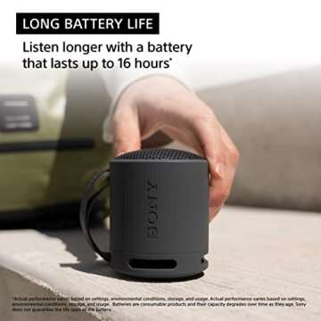 Sony SRS-XB100 Wireless Bluetooth Portable Lightweight Super-Compact Travel Speaker, Durable IP67 Waterproof & Dustproof Shower Speaker, 16 Hour Battery, Versatile Strap, & Hands-free Calling, Black