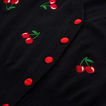 Chic Cherry Embroidered 3/4 Sleeve Cardigan - Black