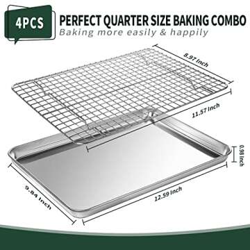 Quarter Sheet Pan with Cooling Rack Set [2 Baking Sheets + 2 Baking Racks], CEKEE Stainless Steel Cookie Sheets for Baking and Wire Rack - Rust & Warp Resistant & Nonstick, Size 12 x 9.8 x 1 Inch