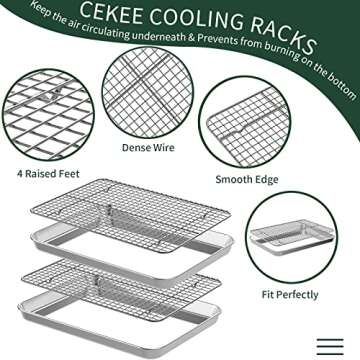 Quarter Sheet Pan with Cooling Rack Set [2 Baking Sheets + 2 Baking Racks], CEKEE Stainless Steel Cookie Sheets for Baking and Wire Rack - Rust & Warp Resistant & Nonstick, Size 12 x 9.8 x 1 Inch