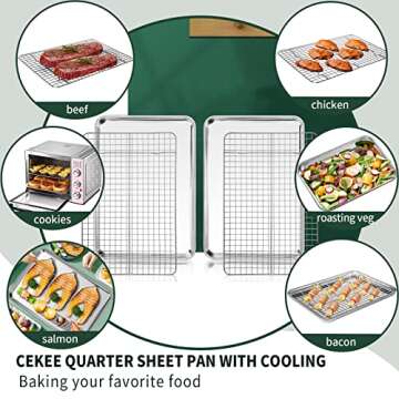 Quarter Sheet Pan with Cooling Rack Set [2 Baking Sheets + 2 Baking Racks], CEKEE Stainless Steel Cookie Sheets for Baking and Wire Rack - Rust & Warp Resistant & Nonstick, Size 12 x 9.8 x 1 Inch