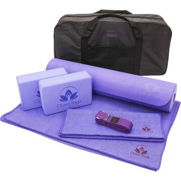 Clever Yoga Set - Complete Beginners 7-Piece Yoga Kit Includes 6mm Thick Yoga Mat, 2 Yoga Blocks, Yoga Strap, Mat Towel, Hand Towel and Carrying Bag for Women and Men
