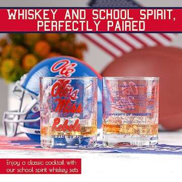 University Of Mississippi Whiskey Glass Set (2 Low Ball Glasses) - Contains Full Color Ole Miss Logo & Campus Map - Ole Miss Rebels Gift Idea for College Grads & Alumni - College Cocktail Glassware