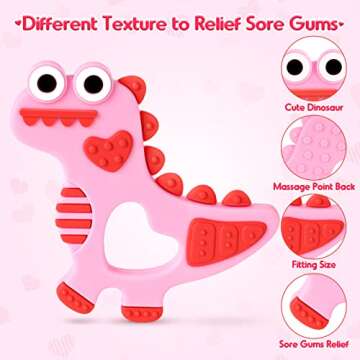 Soft Silicone Baby Teething Toys 0-6/6-12 Months Pink Dinosaur Teethers Toddler Gifts Baby Girls Boys Sore Gums Relief Infant Toys Birthday Gift Chocking-Prove Design Baby Chew Toys BPA-Free