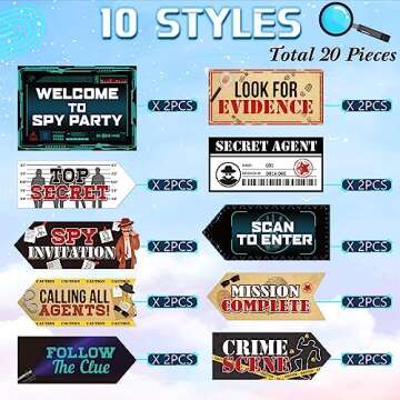 20 Pieces Secret Agent Secret Spy Birthday Party Decorations Detective Themed Party Directional Sign for Yard Mystery Crime Clue Evidence Decorations, 10 Styles