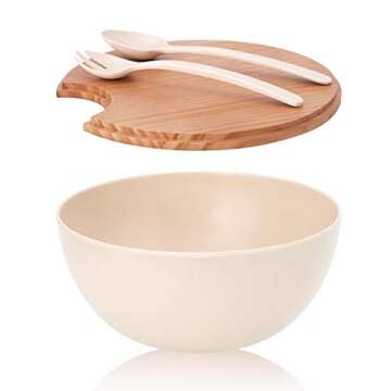 HM-tech 8PCS Large Salad Bowl Set（6 Quart） with Lid and Servers, Extra Large Serving Bowl Set, Mixing Bowl Set with Wooden Cutting Board - Bamboo Fiber Material Perfect for Salad Fruit Pasta, Beige