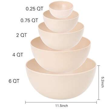 HM-tech 8PCS Large Salad Bowl Set（6 Quart） with Lid and Servers, Extra Large Serving Bowl Set, Mixing Bowl Set with Wooden Cutting Board - Bamboo Fiber Material Perfect for Salad Fruit Pasta, Beige