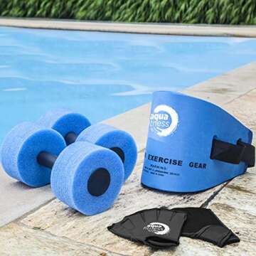 Aqua 6-Piece Fitness Set - Adult Water Aerobics Equipment for Pool - Includes Aquatic Swim Belt, Resistance Gloves, and Dumbbells