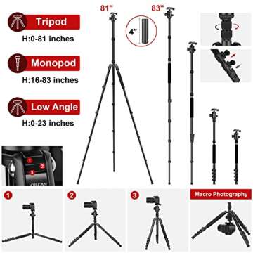 Tripod for Camera, 81" Camera Tripod Stand, 83 inches DSLR Tripods & Monopods, Heavy Duty Travel Tripod for Binoculars Laser Level Spotting Scope Telescope, Professional Complete Tripod Units