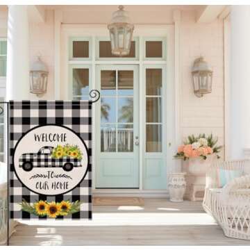 EKOREST Spring Garden Flags for Outside,Buffalo Plaid Truck with Sunflower,Welcome Yard Flags for All Seasons,12x18 Double Sided,Small Seasonal Farmhouse Flags for Holiday Outdoor Porch Lawn