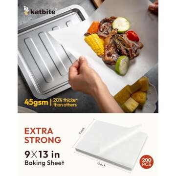 katbite 200Pcs 9x13 inch Heavy Duty Parchment Paper Sheets, Precut Parchment Paper for Quarter Sheet Pans Liners, Baking Cookies, Bread, Meat, Pizza, Toaster Oven (9"x13")