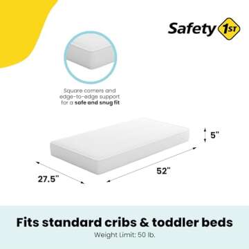 Safety 1st Heavenly Dreams Baby Crib & Toddler Bed Mattress, Waterproof Cover, Firm, Fits Standard Size Cribs & Toddler Beds, White