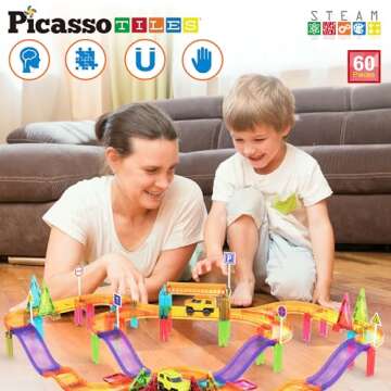 PicassoTiles 60pc Race Car Track Magnetic Tiles Travel Toy Sensory Magnet Tile Toys for Toddlers STEM Educational Learning Preschool Play Construction Stacking Blocks Kids Boys Girls Ages 3+ PTMR60