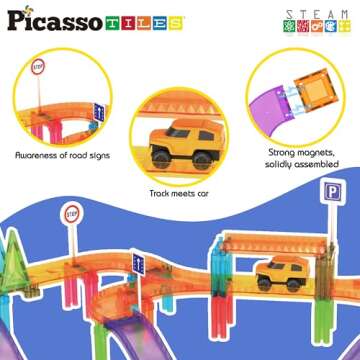 PicassoTiles 60pc Race Car Track Magnetic Tiles Travel Toy Sensory Magnet Tile Toys for Toddlers STEM Educational Learning Preschool Play Construction Stacking Blocks Kids Boys Girls Ages 3+ PTMR60