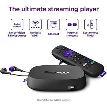 Roku Ultra Streaming Device Bluetooth Streaming, and Roku Voice Remote with Headphone Jack and Personal Shortcuts, Includes Premium HDMI® Cable, & Bundle with Swanky Cables TV Cleaning Kit