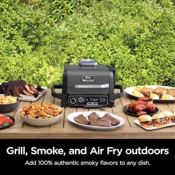 Ninja, Woodfire Pro Outdoor Grill and Smoker, Thermometer, BBQ Smoker, Air Fryer, Bake, Roast, Dehydrate, Broil, 7-in-1, Master Grill, Ninja Woodfire Pellets, Portable, Electric Grill, Grey, OG751BRN