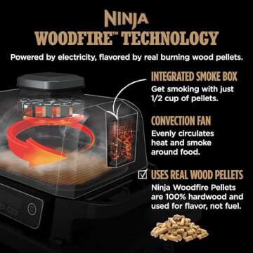 Ninja, Woodfire Pro Outdoor Grill and Smoker, Thermometer, BBQ Smoker, Air Fryer, Bake, Roast, Dehydrate, Broil, 7-in-1, Master Grill, Ninja Woodfire Pellets, Portable, Electric Grill, Grey, OG751BRN