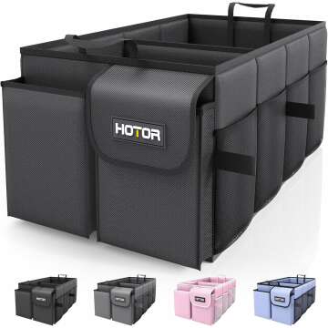 HOTOR Trunk Organizer for Car - Large-Capacity Car Organizer, Foldable Trunk organizer for SUVs & Sedans, Sturdy Car Organization for Car Accessories, Tools, Sundries, Black, 2 Compartments