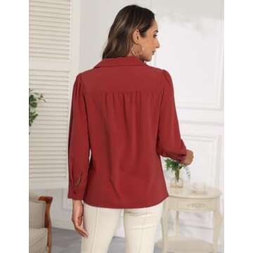 Cnlinkco Work Blouses for Women Dressy Casual Button Down Long Sleeve Business Tops Plain Collared Slim Fit Office Shirts Wine Red L Black of Friday Deals 2024