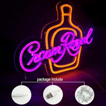 Vinray Crown Canadian Whiskey Neon Sign for Garage Bar Club Decor,Dimmable Led Art Wall Lights for Man Cave and Bachelor Party Decor.