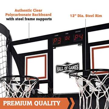 Hall of Games EZ Fold Premium Indoor Arcade Basketball Game with Steel Frame and Polycarbonate Backboard, Dual Shot Electronic Scoring with 6 Size 3 Balls Included, Perfect for Basement Game Rooms