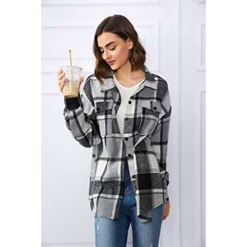 Trendy Queen Womens Flannel Shacket Casual Jacket Plaid Button Down Long Sleeve Shirt Fall Winter Outfits, Grey, XS