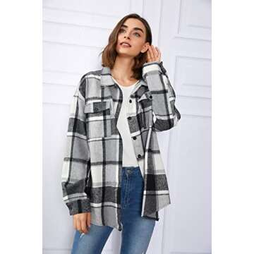 Trendy Queen Womens Flannel Shacket Casual Jacket Plaid Button Down Long Sleeve Shirt Fall Winter Outfits, Grey, XS