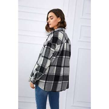 Trendy Queen Womens Flannel Shacket Casual Jacket Plaid Button Down Long Sleeve Shirt Fall Winter Outfits, Grey, XS