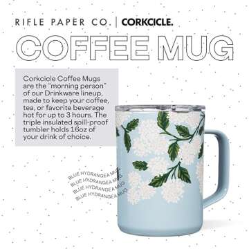 Corkcicle Tumbler Rifle Paper Co. Triple Insulated Stainless Steel Travel Mug, BPA Free, Keeps Beverages Cold for 9 Hours and Hot for 3 Hours, 16 oz, Hydrangea