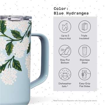 Corkcicle Tumbler Rifle Paper Co. Triple Insulated Stainless Steel Travel Mug, BPA Free, Keeps Beverages Cold for 9 Hours and Hot for 3 Hours, 16 oz, Hydrangea