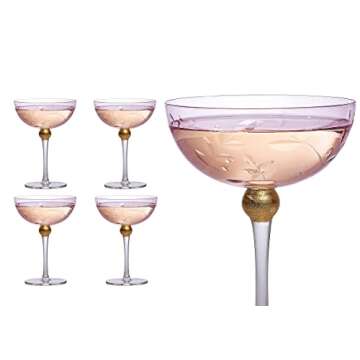 Art Deco Coupe Cocktail Glasses - Set of 4, 8oz Goblets for Champagne, Martini, Manhattan, Sidecar - Vintage Pink Crystal Glassware with Gold Stems - Speakeasy Style, Elegant Entertaining (Blush Pink)