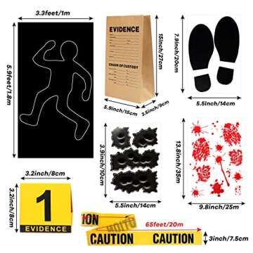 Keymall 15 Pcs Crime Scene Decoration Includes Body Silhouette Caution Tape Evidence Marker Bag Footprint Bullet Hole Stickers For Halloween CSI Theme Murder Mystery Dinner Party Room Decor