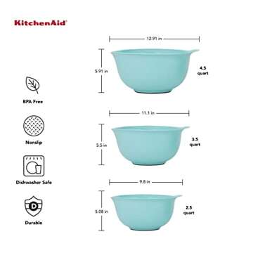 KitchenAid Universal Nesting Plastic Mixing Bowls with Non Slip Base and Pour Spout, Dishwasher Safe, Set Of 3 2-1/2 quart, 3-1/2 quart and 4-1/2 quart, Aqua Sky