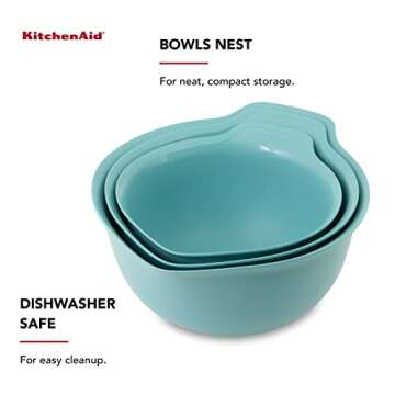 KitchenAid Universal Nesting Plastic Mixing Bowls with Non Slip Base and Pour Spout, Dishwasher Safe, Set Of 3 2-1/2 quart, 3-1/2 quart and 4-1/2 quart, Aqua Sky