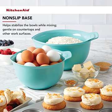 KitchenAid Universal Nesting Plastic Mixing Bowls with Non Slip Base and Pour Spout, Dishwasher Safe, Set Of 3 2-1/2 quart, 3-1/2 quart and 4-1/2 quart, Aqua Sky