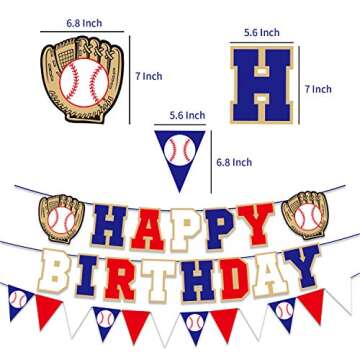 Happy Birthday Banner for Baseball Birthday Decorations, Sports Theme Birthday Party Supplies, Baseball Pennant Bunting Party Supplies for Boys (Red White and Blue)