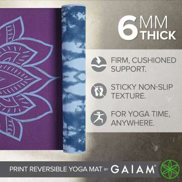 Gaiam Yoga Mat - Premium 6mm Print Reversible Extra Thick Non Slip Exercise & Fitness Mat for All Types of Yoga, Pilates & Floor Workouts (68" x 24" x 6mm Thick)