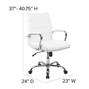 Flash Furniture Whitney Mid-Back Swivel LeatherSoft Desk Chair with Padded Seat and Armrests, Adjustable Height Padded Office Chair, White/Chrome