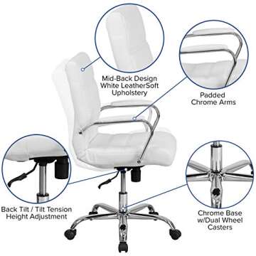 Flash Furniture Whitney Mid-Back Swivel LeatherSoft Desk Chair with Padded Seat and Armrests, Adjustable Height Padded Office Chair, White/Chrome