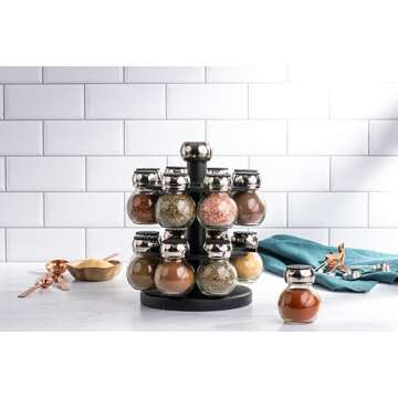 Olde Thompson Since 1944 Orbit Rotating Rack, 16 Refillable Spice Jars, Labeled Shaker Tops, 45, Black, Clear