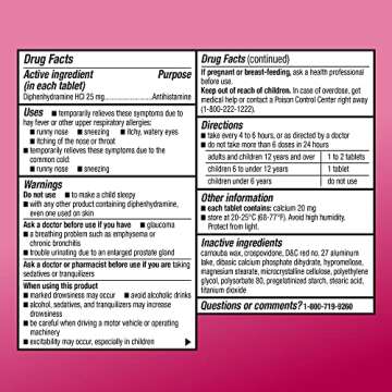 Amazon Basic Care Allergy Relief Diphenhydramine HCl 25 mg, Antihistamine Tablets for Symptoms Due to Hay Fever and Upper Respiratory Allergies, 100 Count