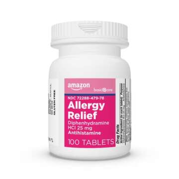 Amazon Basic Care Allergy Relief Diphenhydramine HCl 25 mg, Antihistamine Tablets for Symptoms Due to Hay Fever and Upper Respiratory Allergies, 100 Count