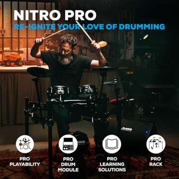 Alesis Nitro Pro Electric Drum Set with Dual Zone Quiet Mesh Pads, 500+ Authentic BFD Sounds, Bluetooth, Drumeo, USB MIDI, Double Kick compatible